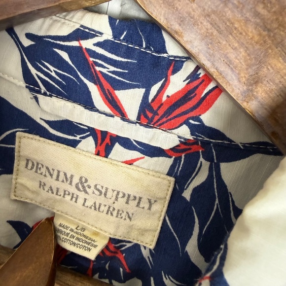 Denim & Supply Ralph Lauren White Blue Tropical Leaf Casual Button Shirt LARGE - Picture 3 of 6